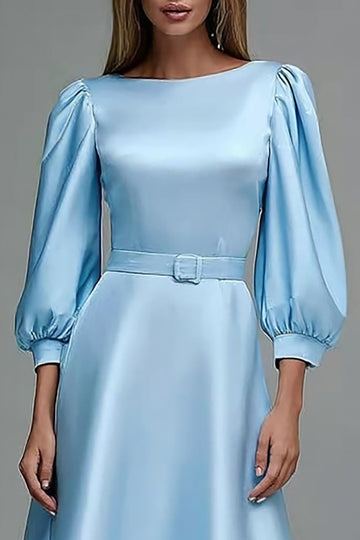Blue A Line 3/4 Sleeve Satin Midi Work Dress